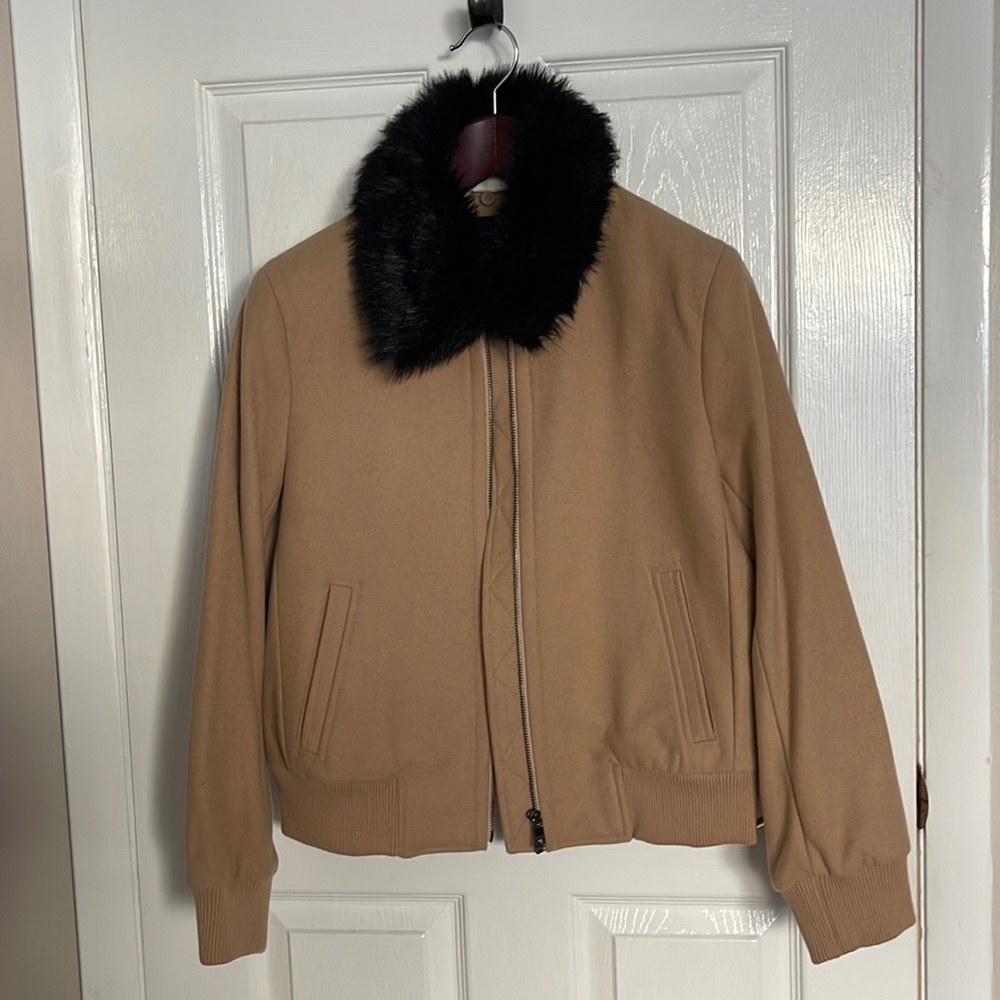 Banana Republic “Melton Bomber” Wool Blend, Faux Fur Removable Collar - Size M